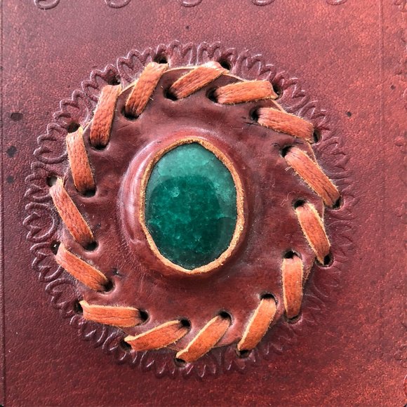 Leather Mahogany Woven Embossed Wrap Green Stone Journal - Picture 4 of 12